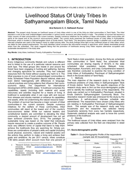 Livelihood Status of Uraly Tribes in Sathyamangalam Block, Tamil Nadu