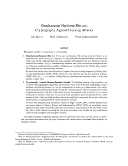 Simultaneous Hardcore Bits and Cryptography Against Freezing Attacks