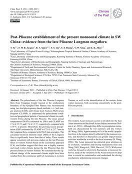 Post-Pliocene Establishment of the Present Monsoonal Climate in SW