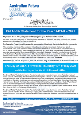 Eid Al-Fitr Statement for the Year 1442AH – 2021