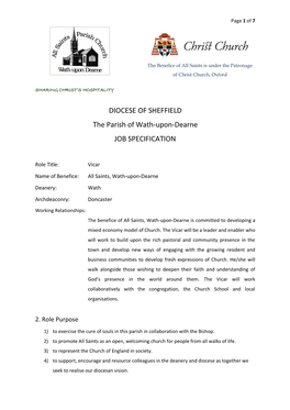 DIOCESE of SHEFFIELD the Parish of Wath-Upon-Dearne JOB SPECIFICATION