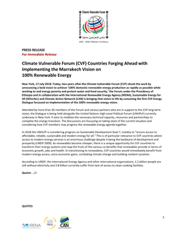 Climate Vulnerable Forum (CVF) Countries Forging Ahead with Implementing the Marrakech Vision on 100% Renewable Energy