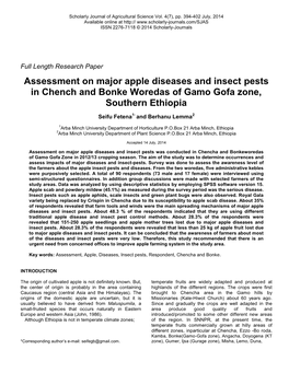 Assessment on Major Apple Diseases and Insect Pests in Chench and Bonke Woredas of Gamo Gofa Zone, Southern Ethiopia Seifu Fetena1* and Berhanu Lemma2