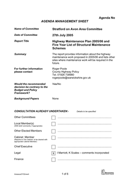 Agenda No AGENDA MANAGEMENT SHEET Stratford on Avon Area