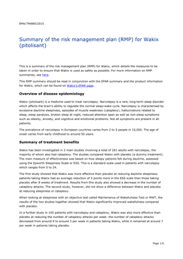 Summary of the Risk Management Plan (RMP) for Wakix (Pitolisant)