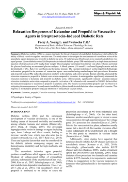 Relaxation Responses of Ketamine and Propofol to Vasoactive Agents in Streptozotocin-Induced Diabetic Rats