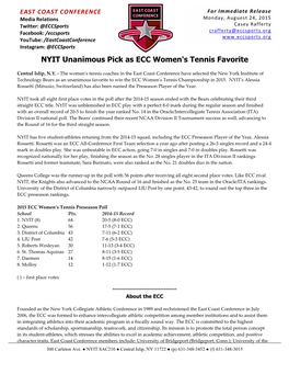 NYIT Unanimous Pick As ECC Women's Tennis Favorite