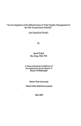 "An Investigation of the Effectiveness of Total Quality Management in The
