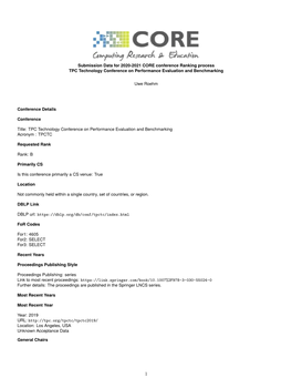 Submission Data for 2020-2021 CORE Conference Ranking Process TPC Technology Conference on Performance Evaluation and Benchmarking