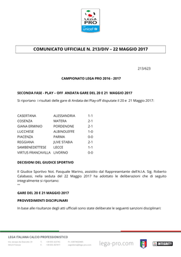 Comunicato Ufficiale N. 213/Div – 22 Maggio 2017