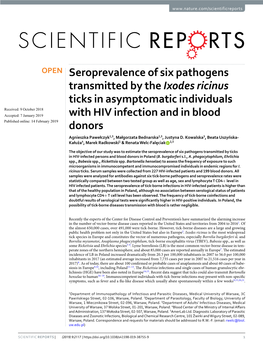 Seroprevalence of Six Pathogens Transmitted by the Ixodes Ricinus