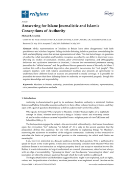Answering for Islam: Journalistic and Islamic Conceptions of Authority Michael B
