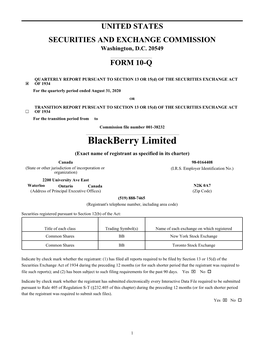 Blackberry Limited (Exact Name of Registrant As Specified in Its Charter) Canada 98-0164408 (State Or Other Jurisdiction of Incorporation Or (I.R.S