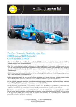 The Ex - Giancarlo Fisichella, Alex Wurz 2000 Benetton B200 Formula 1 Chassis Number: B200-06