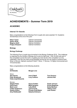 ACHIEVEMENTS – Summer Term 2019