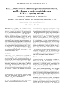 REG3A Overexpression Suppresses Gastric Cancer Cell Invasion, Proliferation and Promotes Apoptosis Through PI3K/Akt Signaling Pathway