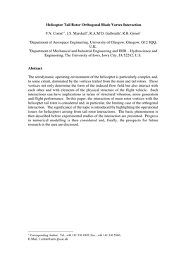 Helicopter Tail Rotor Orthogonal Blade Vortex Interaction F.N. Cotona,∗, J.S. Marshallb, R.A.Mcd. Galbraitha, R.B. Greena Adep