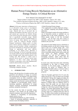 Human Power Using Bicycle Mechanism As an Alternative Energy Source: a Critical Review