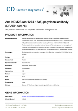 Anti-KDM2B (Aa 1274-1336) Polyclonal Antibody (DPABH-00578) This Product Is for Research Use Only and Is Not Intended for Diagnostic Use