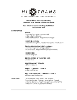 Minute of Ferry Users Group Meeting (Small Isles, Skye, Raasay, Kilchoan, Lochaline)