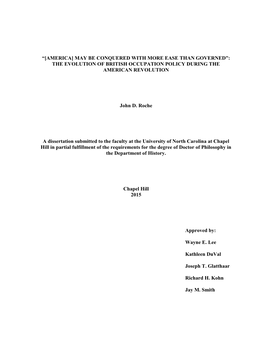 “[America] May Be Conquered with More Ease Than Governed”: the Evolution of British Occupation Policy During the American Revolution