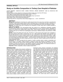 Study on Uroliths Composition in Tertiary Care Hospital of Pakistan