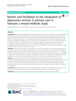 Barriers and Facilitators to the Integration of Depression Services in Primary Care in Vietnam: a Mixed Methods Study Jill Murphy1* , Kitty K