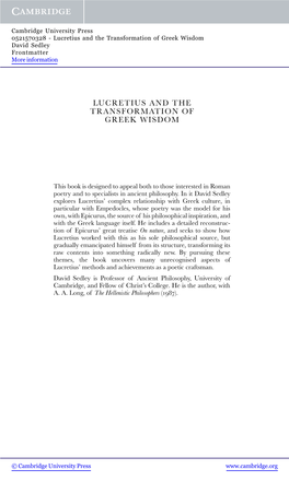 Lucretius and the Transformation of Greek Wisdom David Sedley Frontmatter More Information