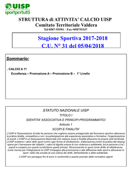 Stagione Sportiva 2017-2018 C.U. N° 31 Del 05/04/2018