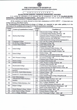 The University of Burdwan Department of Controller of Examinations