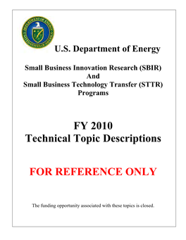 FY 2010 Technical Topic Descriptions for REFERENCE ONLY