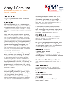 Acetyl-L-Carnitine 500 Mg / Neuroprotection from a Potent Carnitine Metabolite