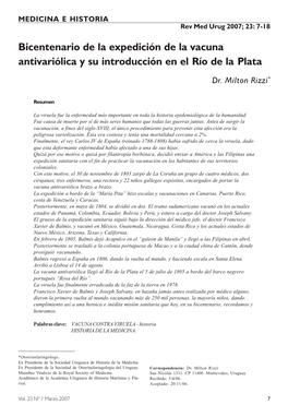 Bicentenario De La Expedición De La Vacuna Antivariólica Y Su Introducción En El Río De La Plata Rev Med Urug 2007; 23: 7-18