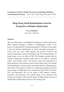 Hong Kong Youth Radicalization from the Perspective of Relative Deprivation