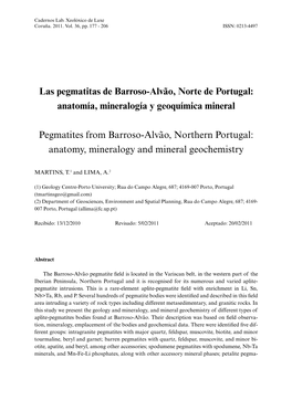 Anatomía, Mineralogía Y Geoquímica Mineral Pegmatites from Barroso-Alv