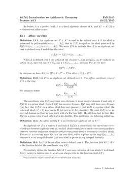 18.782 Introduction to Arithmetic Geometry Fall 2013 Lecture #13 10/22/2013 13.1 Affine Varieties