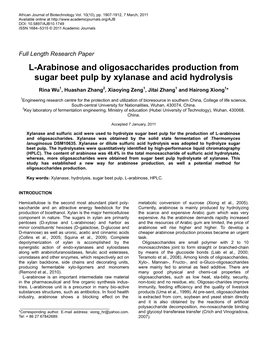 L-Arabinose and Oligosaccharides Production from Sugar Beet Pulp by Xylanase and Acid Hydrolysis