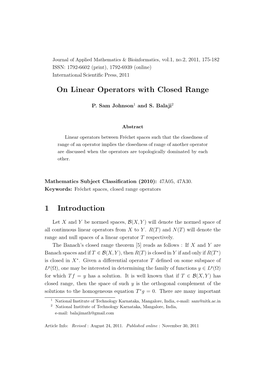 On Linear Operators with Closed Range 1 Introduction