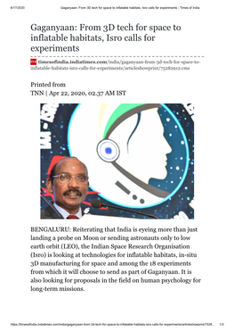 Gaganyaan: from 3D Tech for Space to Inflatable Habitats, Isro Calls for Experiments - Times of India