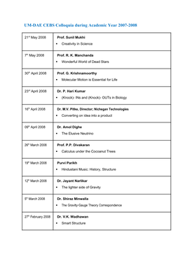 UM-DAE CEBS Colloquia During Academic Year 2007-2008