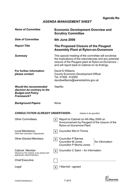 The Proposed Closure of the Peugeot Assembly Plant at Ryton-On-Dunsmore