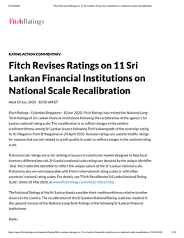 Fitch Revises Ratings on 11 Sri Lankan Financial Institutions on National Scale Recalibration