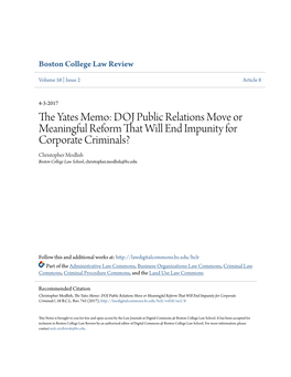 The Yates Memo: DOJ Public Relations Move Or Meaningful Reform That Will End Impunity for Corporate Criminals?, 58 B.C.L