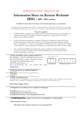 Information Sheet on Ramsar Wetlands (RIS) – 2009 - 2012 Version