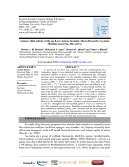 Antimicrobial Activity of the Sea Hare (Aplysia Fasciata )