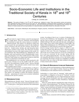 Socio-Economic Life and Institutions in the Traditional Society of Kerala in 18Th and 19Th Centuries C.M.Biju, Dr