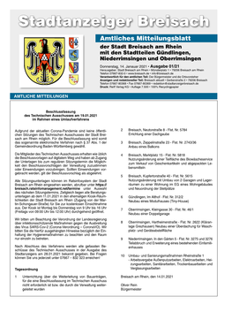 Stadtanzeiger Breisach Amtliches Mitteilungsblatt Der Stadt Breisach Am Rhein Mit Den Stadtteilen Gündlingen, Niederrimsingen Und Oberrimsingen Donnerstag, 14