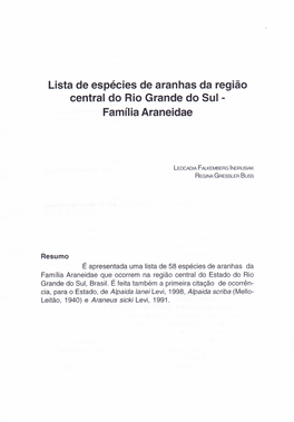 Lista De Espécies De Aranhas Da Região Central Do Rio Grande Do Sul - Família Araneidae