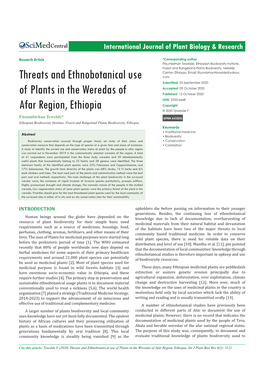 Threats and Ethnobotanical Use of Plants in the Weredas of Afar Region, Ethiopia