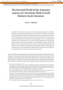 The Inverted World of the Amazons: Aspects of a Persistent Myth in Early Modern Greek Literature*